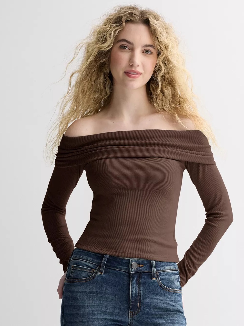 bp Off-the-Shoulder Long Sleeve Top - Brown